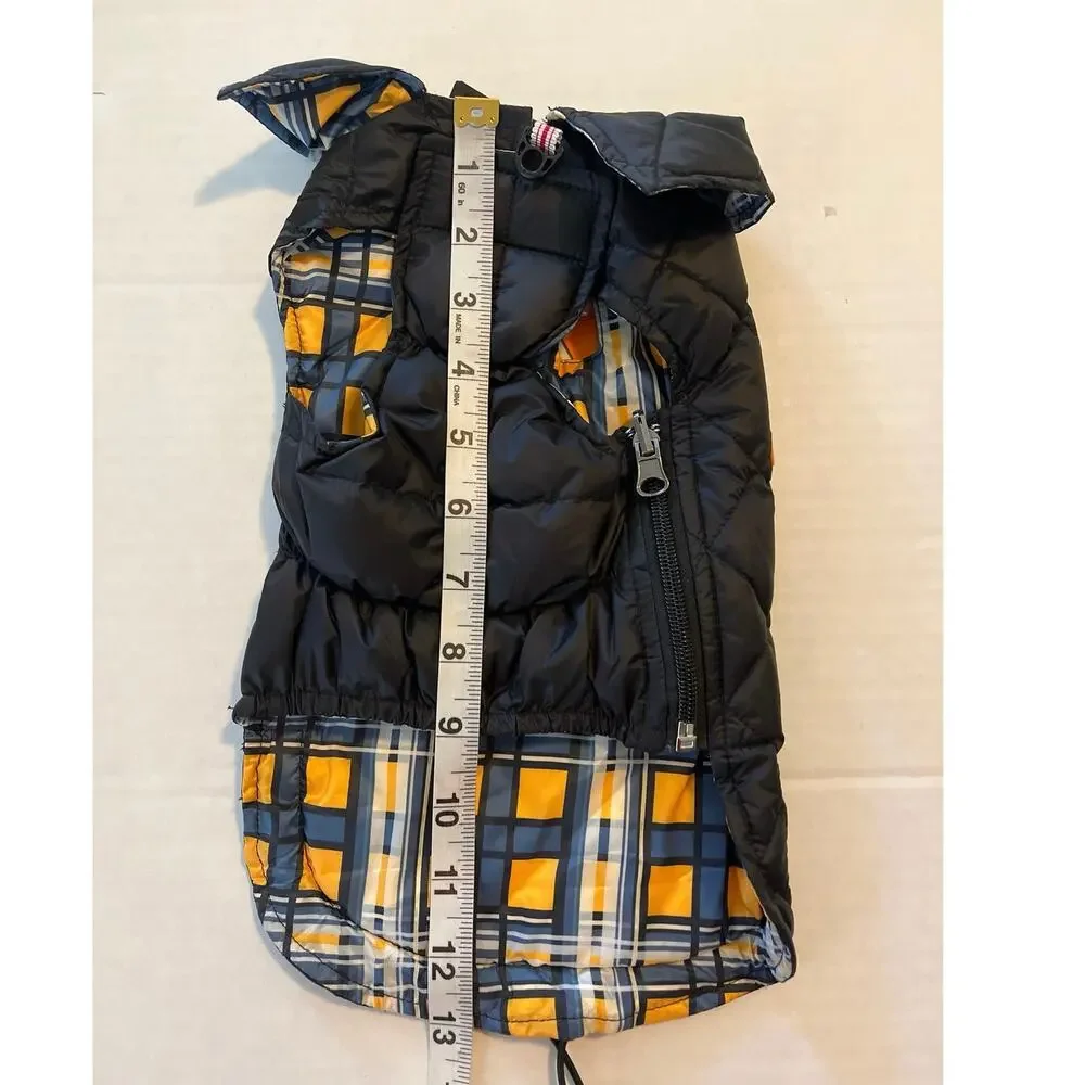 NWT Queeice Dog Puffer Vest Size Small Black Yellow Checked 2 Sided Zipper